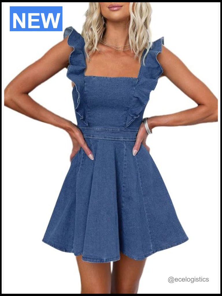 Women's Denim Mini Dress Ruffle Adjustable Strap Sleeveless Backless Babydoll